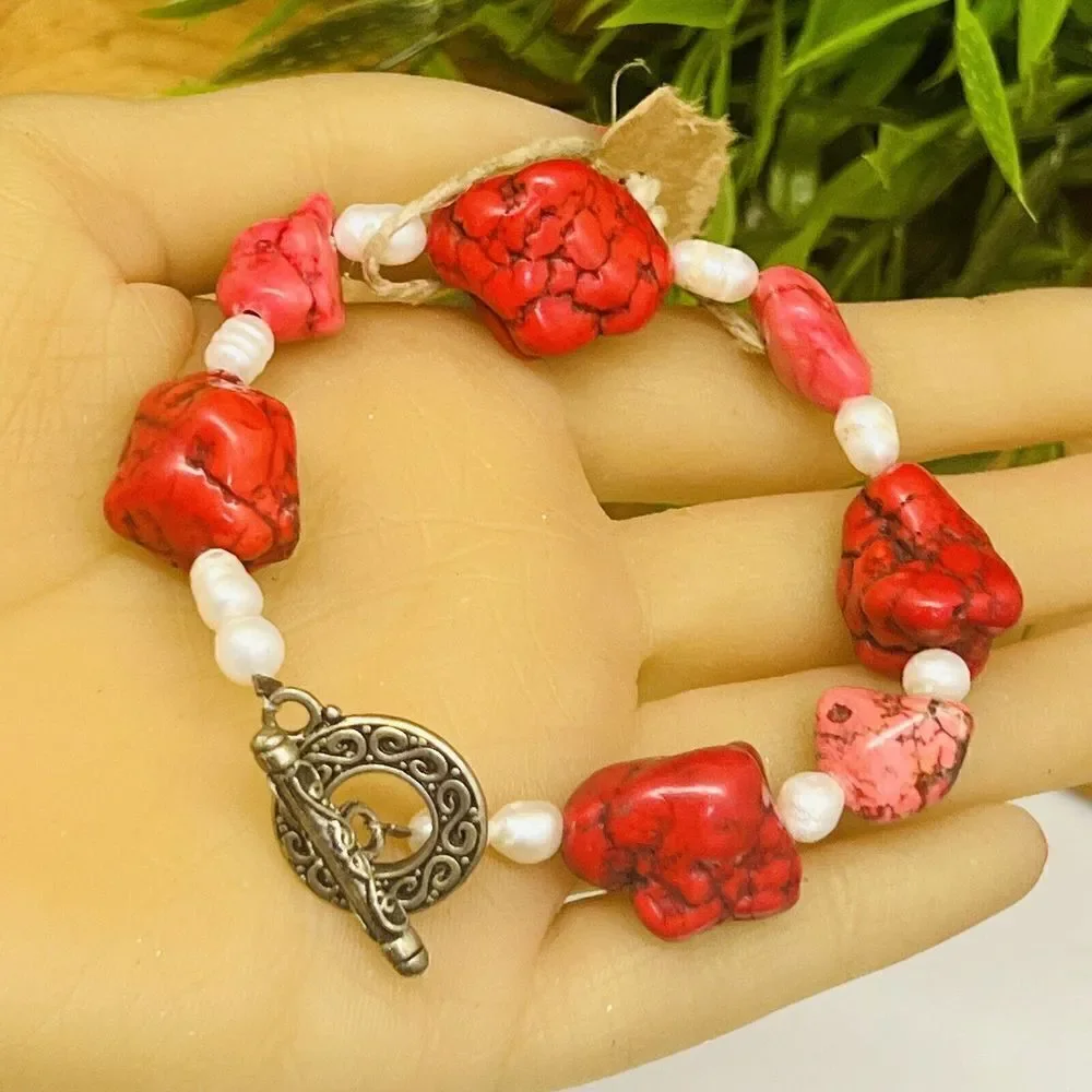 Artisan Bracelet Pearls Pink Red Dyed Howlite Silver Ornate Toggle Clasp 1384